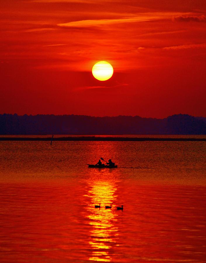 Ducks and a Kayak - Sunset Photo Photograph by Billy Beck