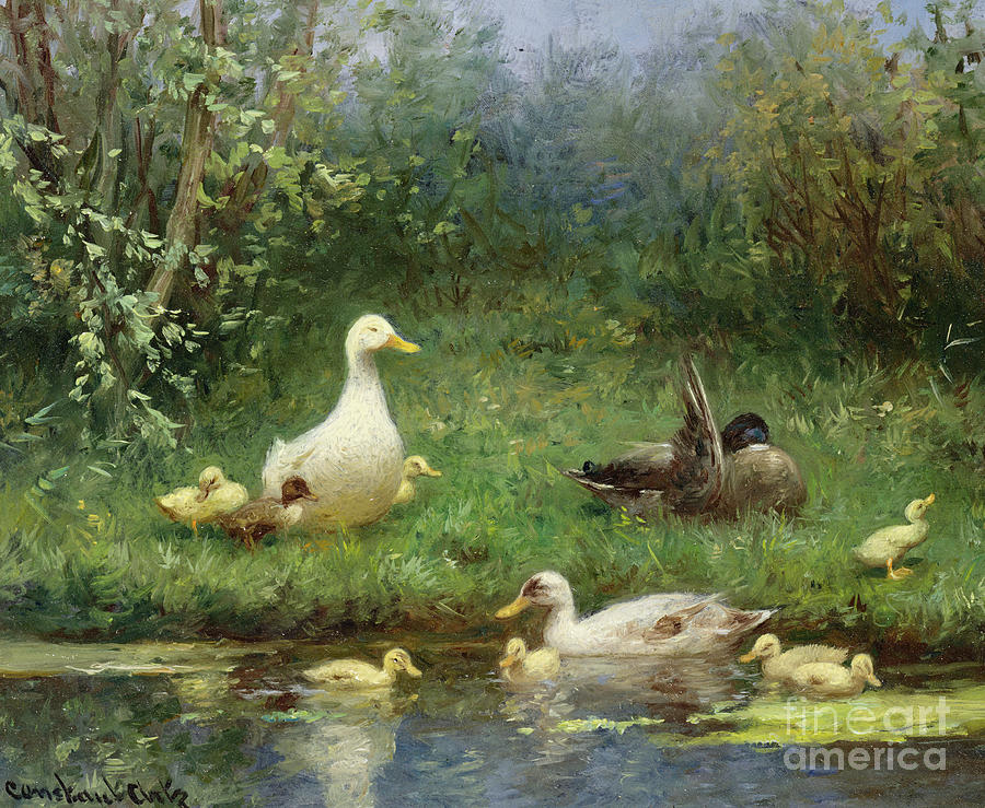 Duck Painting - Ducks on a riverbank by David Adolph Constant Artz
