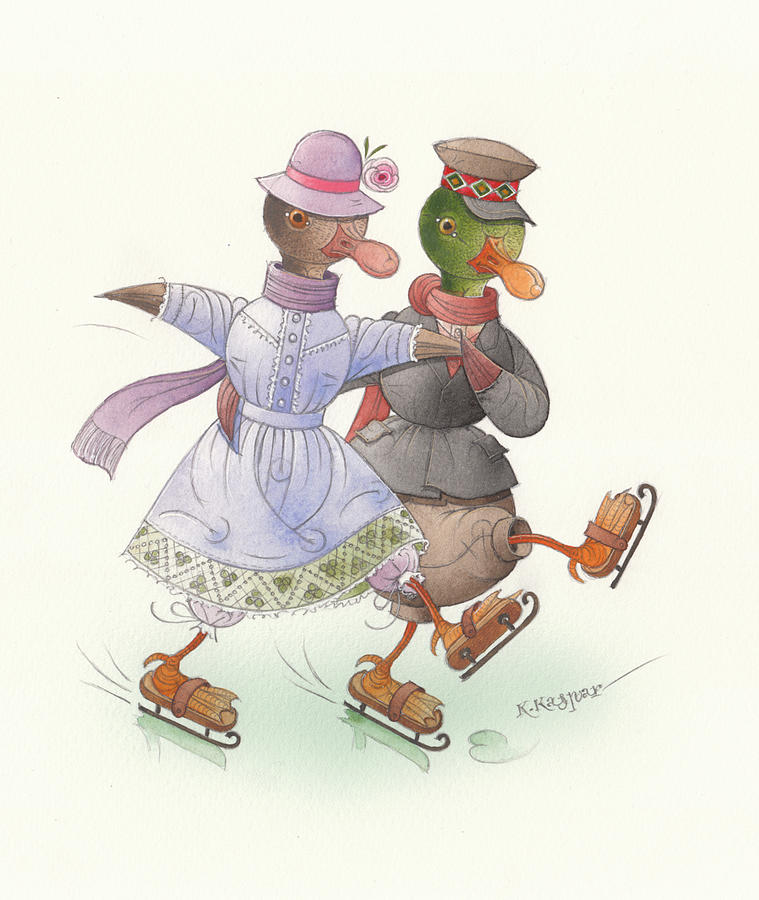 Ducks on skates 10 Painting by Kestutis Kasparavicius