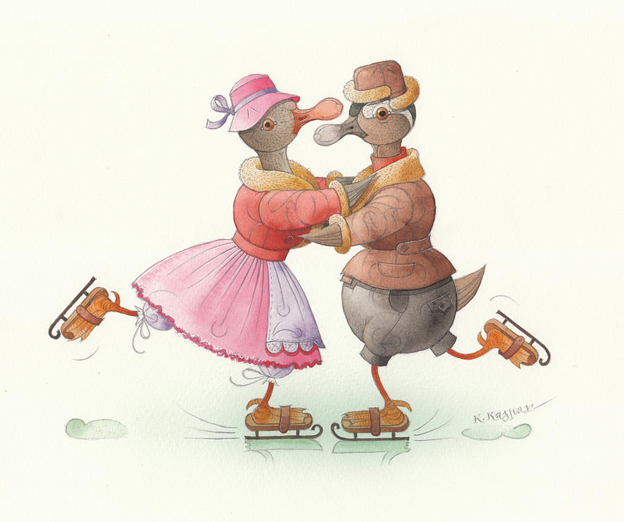 Ducks on skates 13 Painting by Kestutis Kasparavicius