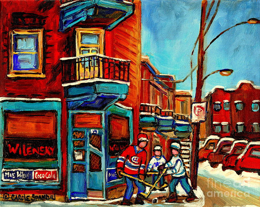 Duddy Kravitz Ate Here Wilensky Corner Deli Boys Hockey Art Montreal Winter City Scene Cspandau Painting by Carole Spandau