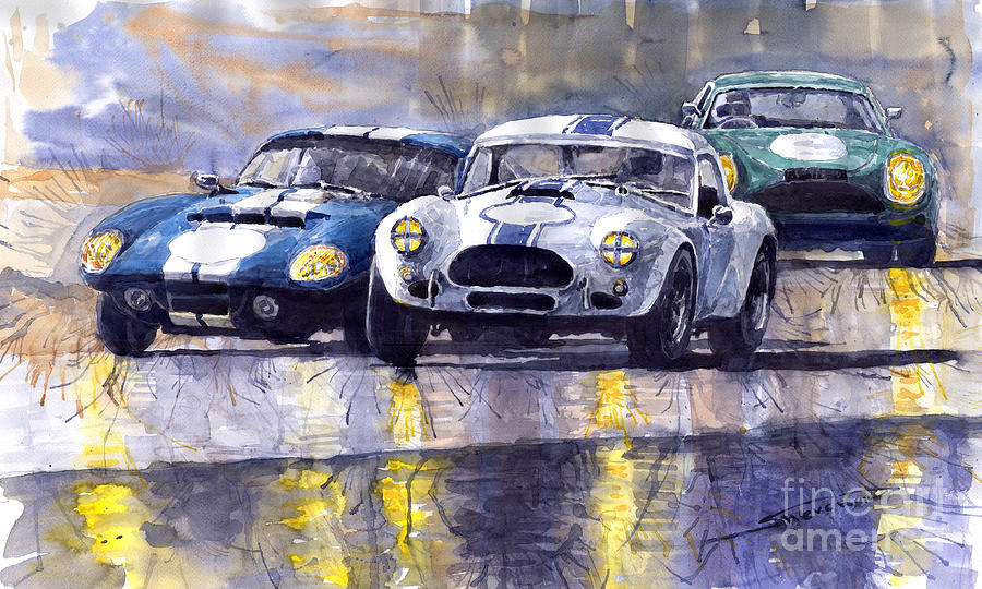 Automotive Painting - Duel AC Cobra and Shelby Daytona Coupe 1965 by Yuriy Shevchuk