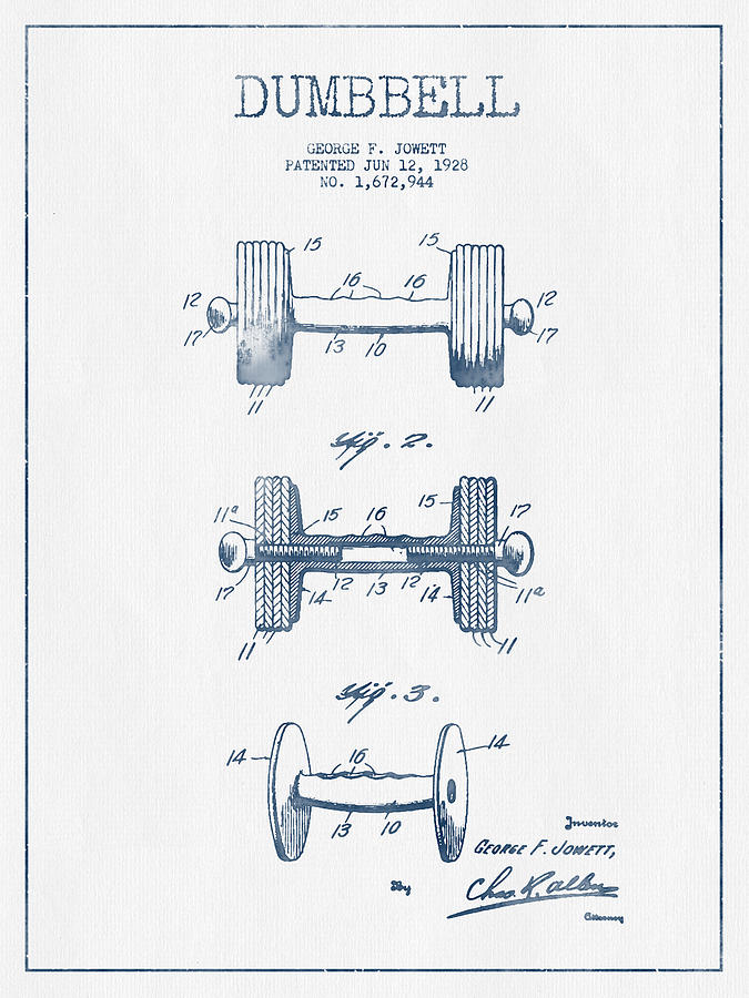 Sports Digital Art - Dumbbell Patent Drawing from 1927  -  Blue Ink by Aged Pixel