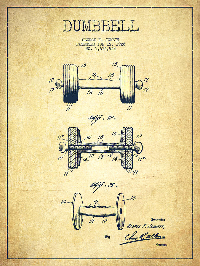 Sports Digital Art - Dumbbell Patent Drawing from 1927 - Vintage by Aged Pixel