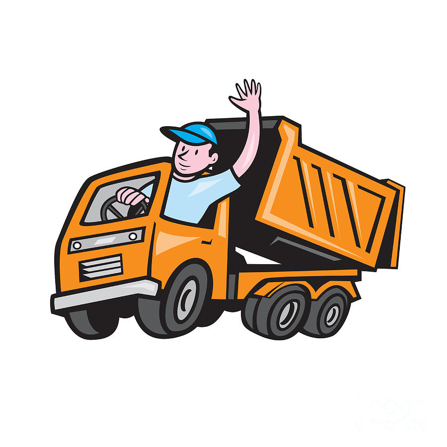 Dump Truck Driver Waving Cartoon by Aloysius Patrimonio.