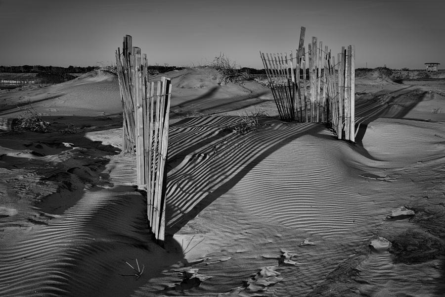 Dune Erosion Fence Outer Banks NC B and W IMG_3761 Photograph by Greg Kluempers