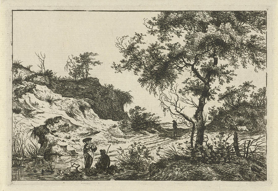 Landscape Drawing - Dune Landscape With A Large Tree, A Woman At A Pool by Hermanus Fock