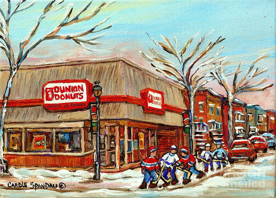 Dunkin Donuts Rue Wellington Verdun Montreal  Paintings Hockey Art Winter Street Scenes Cspandau  Painting by Carole Spandau