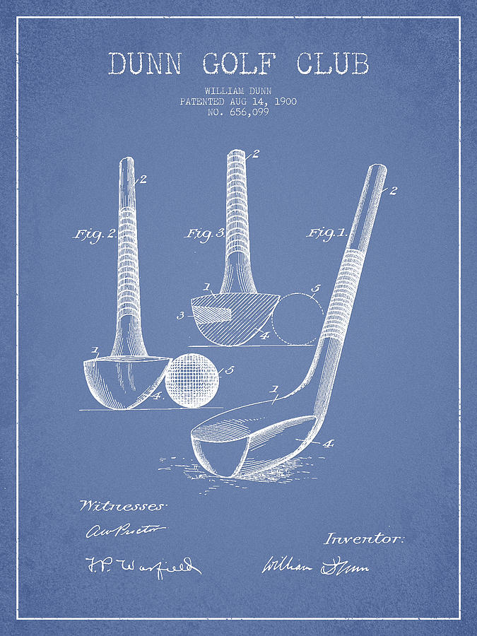 Dunn Golf Club Patent Drawing From 1900 - Light Blue Digital Art