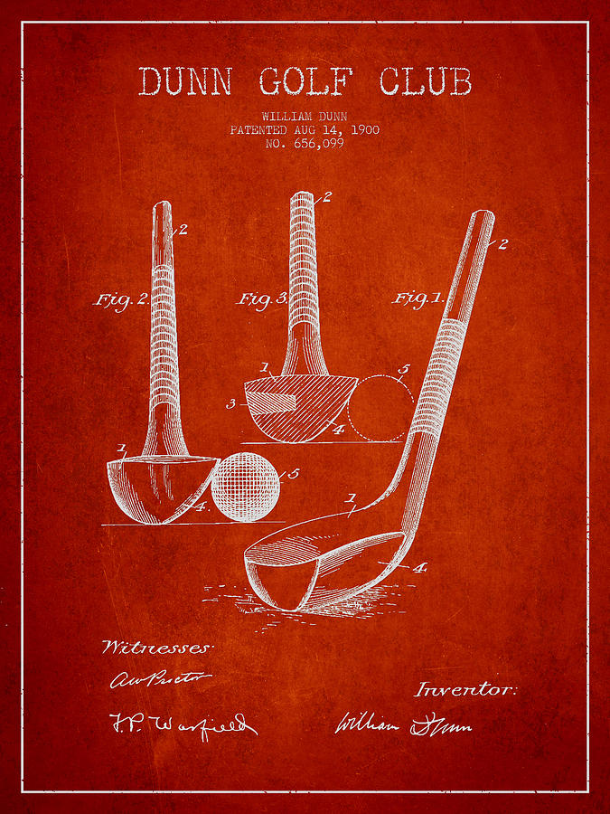 Dunn Golf Club Patent Drawing From 1900 - Red Digital Art