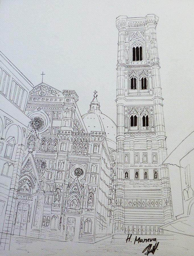 Duomo Florence in Black and White Drawing by Henrieta Maneva