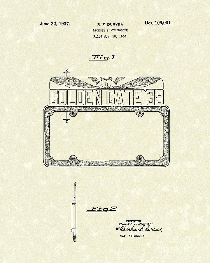 Duryea License Holder 1937 Patent Art Drawing by Prior Art Design