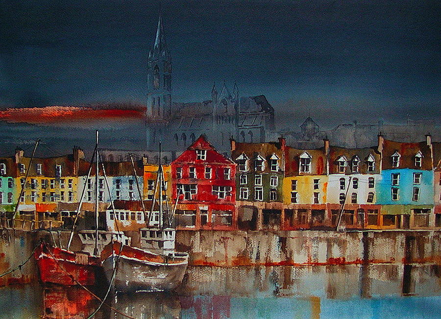 Cork Painting - Dusk on Cobh harbour Cork by Val Byrne
