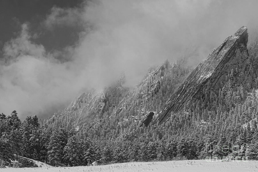 Dusted Flatirons Low Clouds Boulder Colorado BW Photograph by James BO Insogna