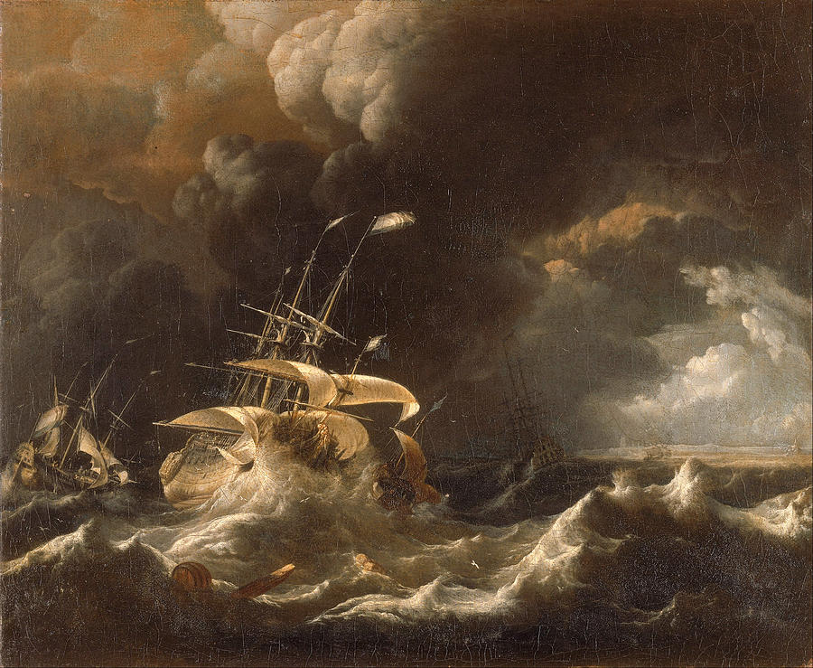 Dutch Merchant . Ships in a Storm Painting by Ludolf Bakhuizen