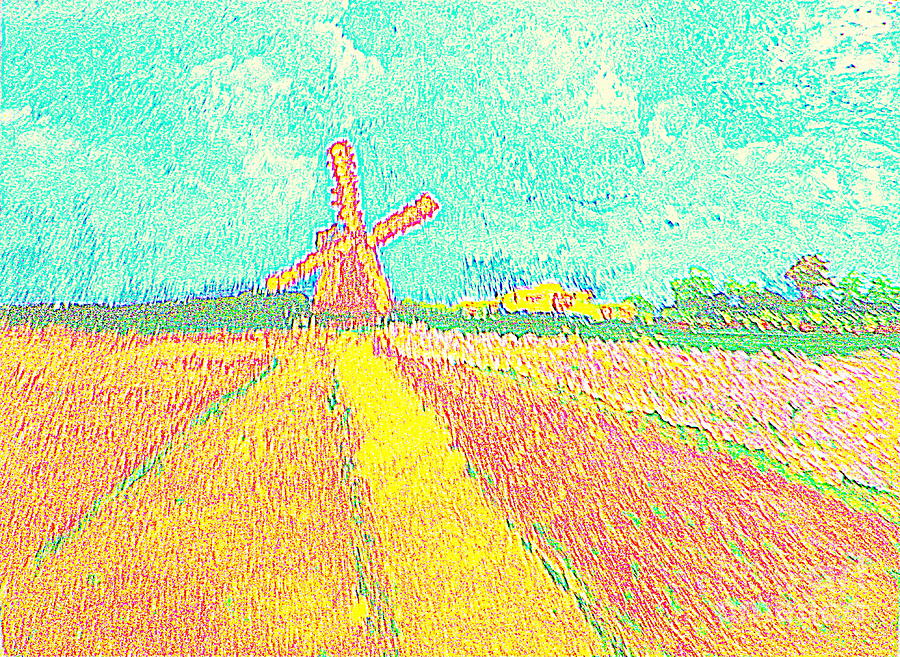 Dutch Windmill and Flower Fields 1 Painting by Richard W Linford