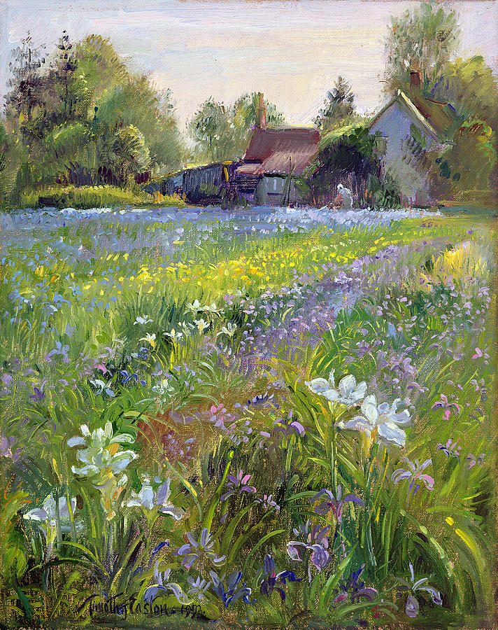 Landscape Painting - Dwarf Irises And Cottage by Timothy Easton