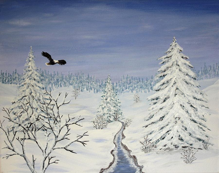 Eagle on Winter Lanscape Painting by Georgeta  Blanaru