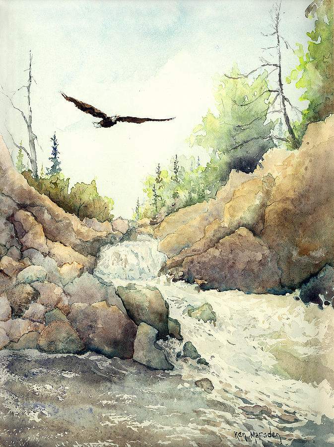 Eagle Over Daves Falls Painting by Ken Marsden