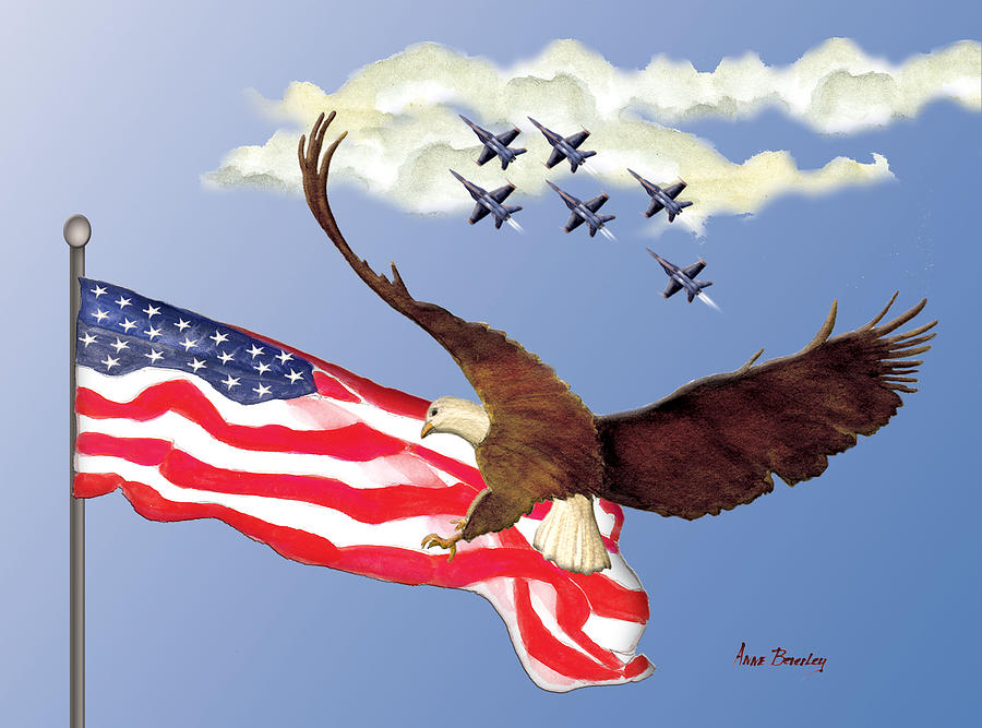 Eagle Soaring with Blue Angels Painting by Anne Beverley-Stamps