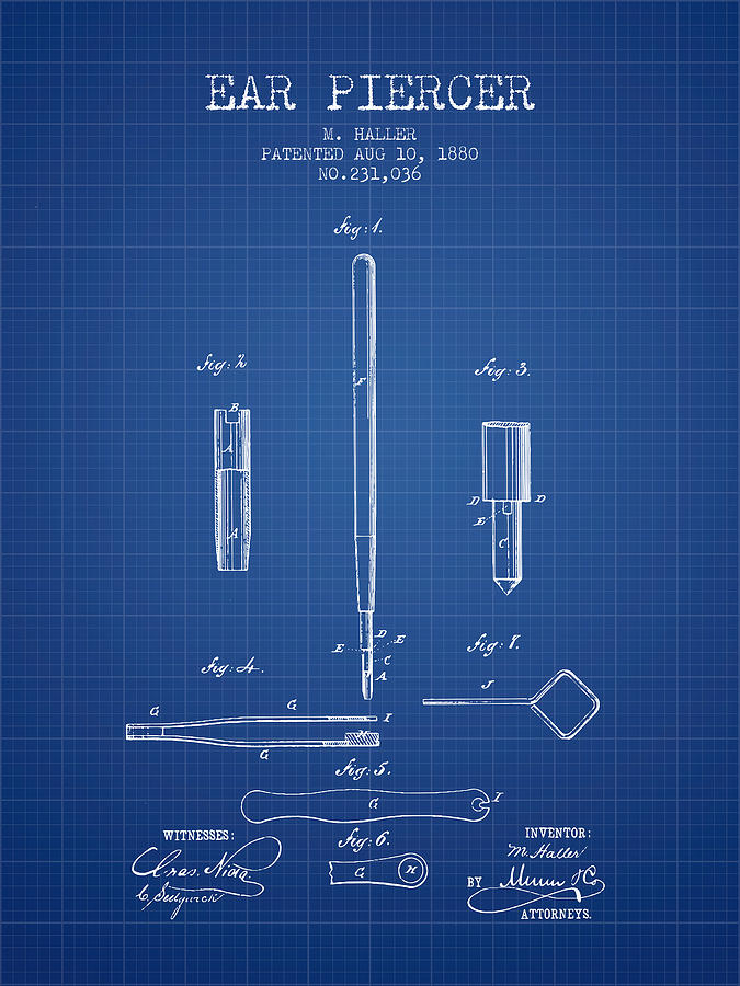 Vintage Digital Art - Ear Piercer Patent From 1880 - blueprint by Aged Pixel