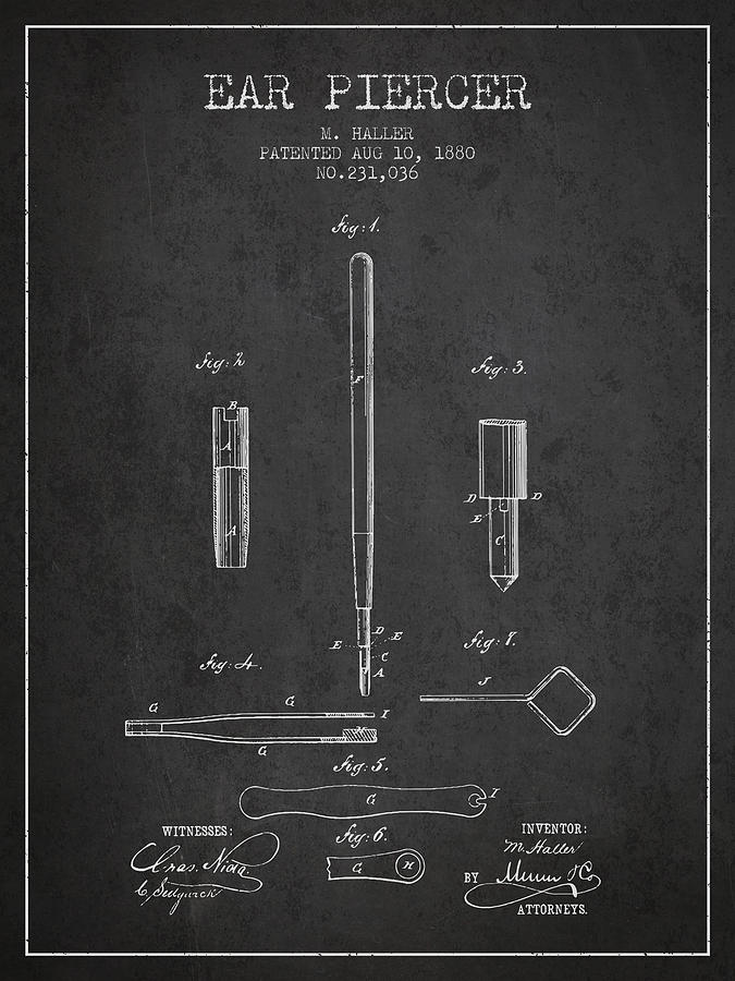Vintage Digital Art - Ear Piercer Patent From 1880 - Charcoal by Aged Pixel