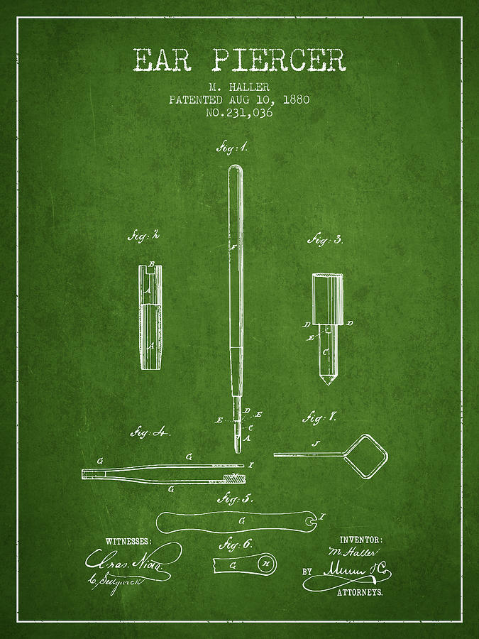 Vintage Digital Art - Ear Piercer Patent From 1880 - Green by Aged Pixel