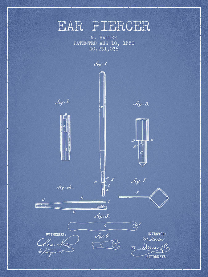 Vintage Digital Art - Ear Piercer Patent From 1880 - light blue by Aged Pixel