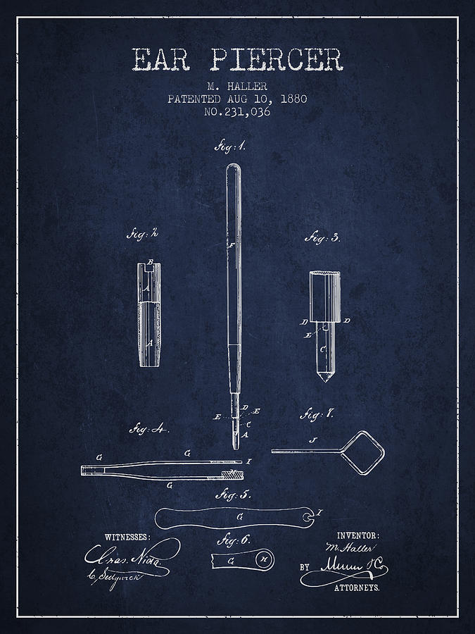 Vintage Digital Art - Ear Piercer Patent From 1880 - Navy Blue by Aged Pixel
