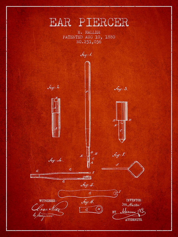 Vintage Digital Art - Ear Piercer Patent From 1880 - Red by Aged Pixel