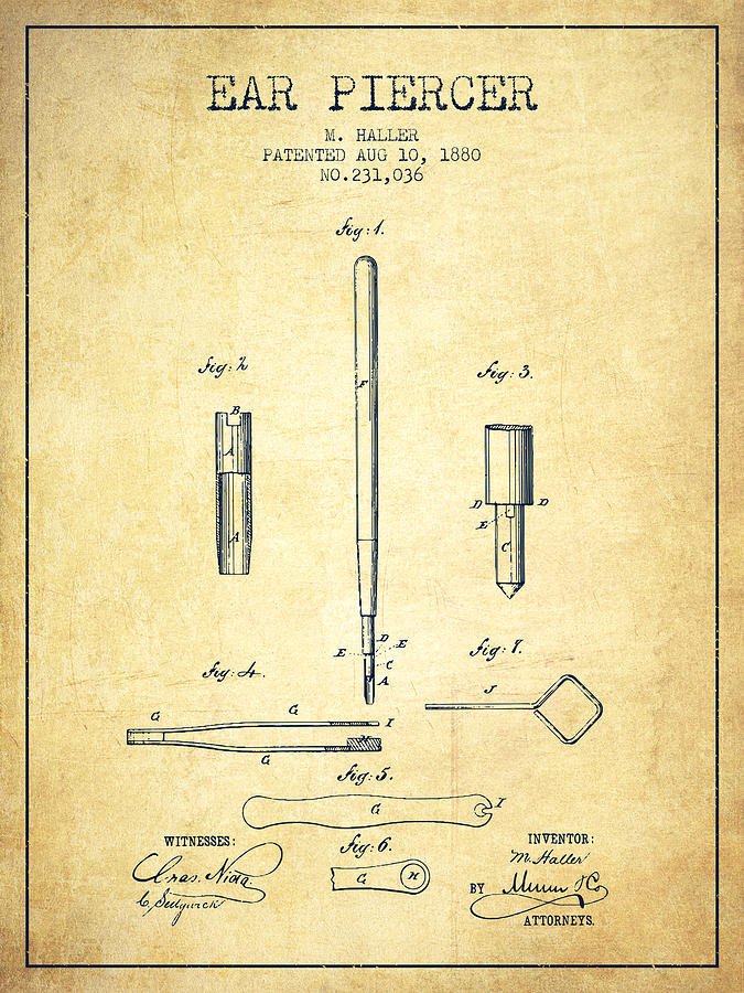 Vintage Digital Art - Ear Piercer Patent From 1880 - vintage by Aged Pixel