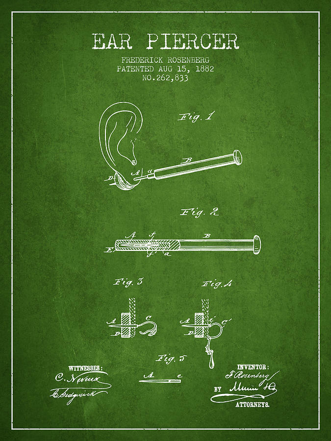 Vintage Digital Art - Ear Piercer Patent From 1882 - Green by Aged Pixel