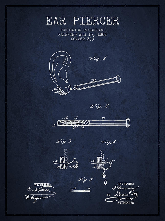 Vintage Digital Art - Ear Piercer Patent From 1882 - Navy Blue by Aged Pixel