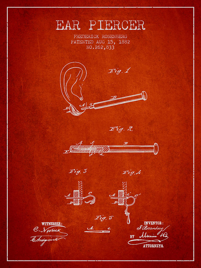 Vintage Digital Art - Ear Piercer Patent From 1882 - Red by Aged Pixel