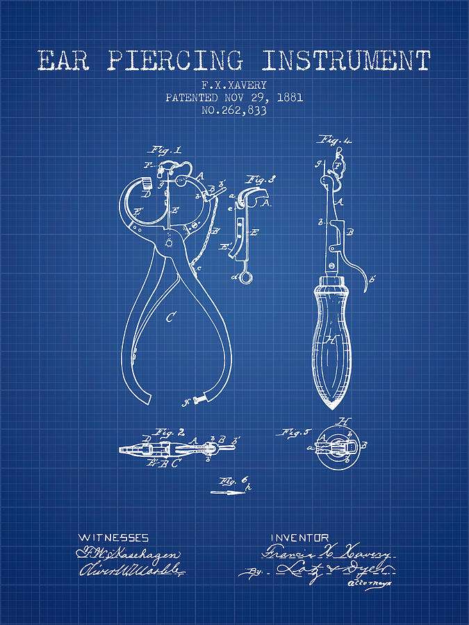 Vintage Digital Art - Ear Piercing Instrument Patent From 1881 - Blueprint by Aged Pixel
