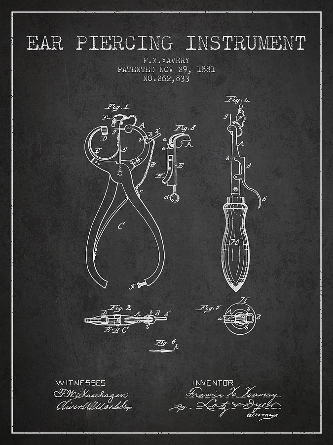 Vintage Digital Art - Ear Piercing Instrument Patent From 1881 - Charcoal by Aged Pixel