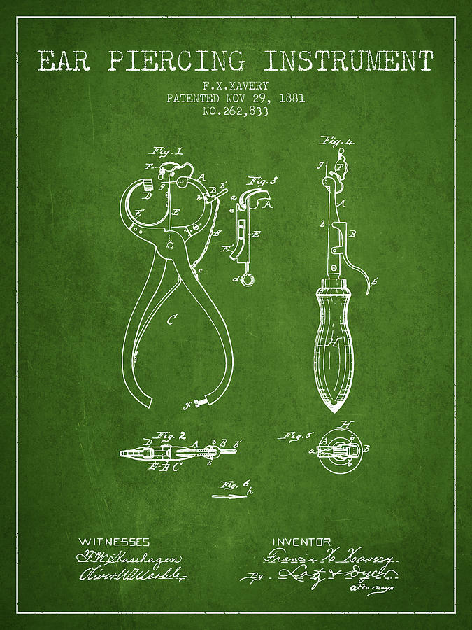 Vintage Digital Art - Ear Piercing Instrument Patent From 1881 - Green by Aged Pixel