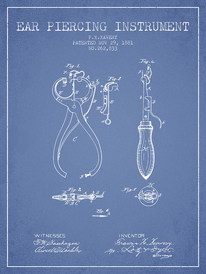 Vintage Digital Art - Ear Piercing Instrument Patent From 1881 - Light Blue by Aged Pixel