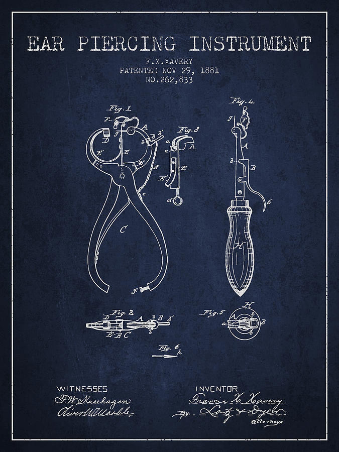 Vintage Digital Art - Ear Piercing Instrument Patent From 1881 - Navy Blue by Aged Pixel