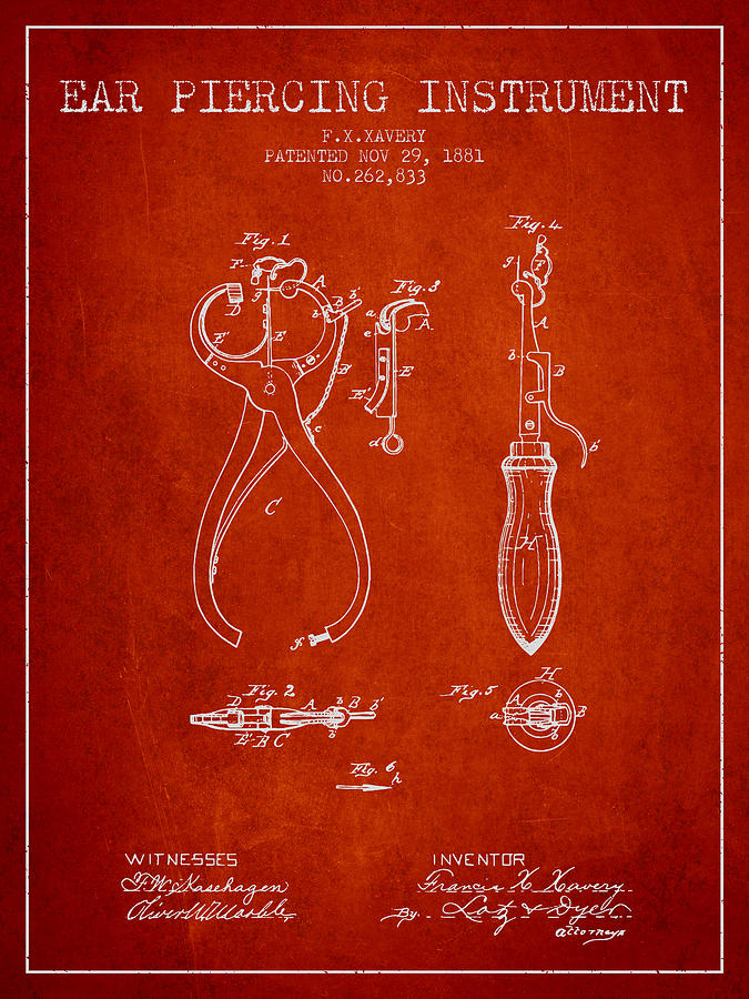 Vintage Digital Art - Ear Piercing Instrument Patent From 1881 - Red by Aged Pixel