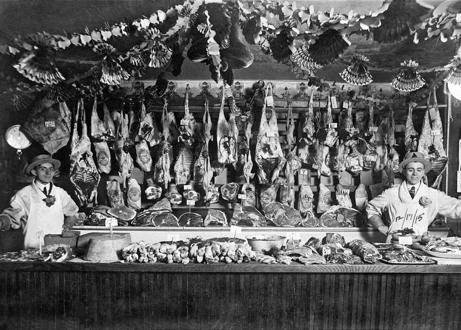 Vintage Photograph - Early Butcher Shop by Underwood Archives