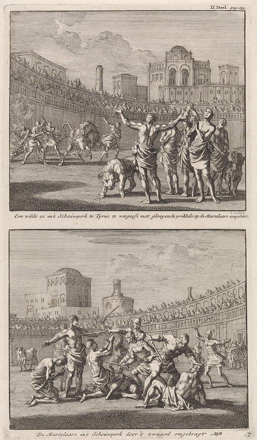 Lion Drawing - Early Christian Martyrs In A Roman Arena And Early by Jan Luyken And Jacobus Van Hardenberg And Barent Visscher