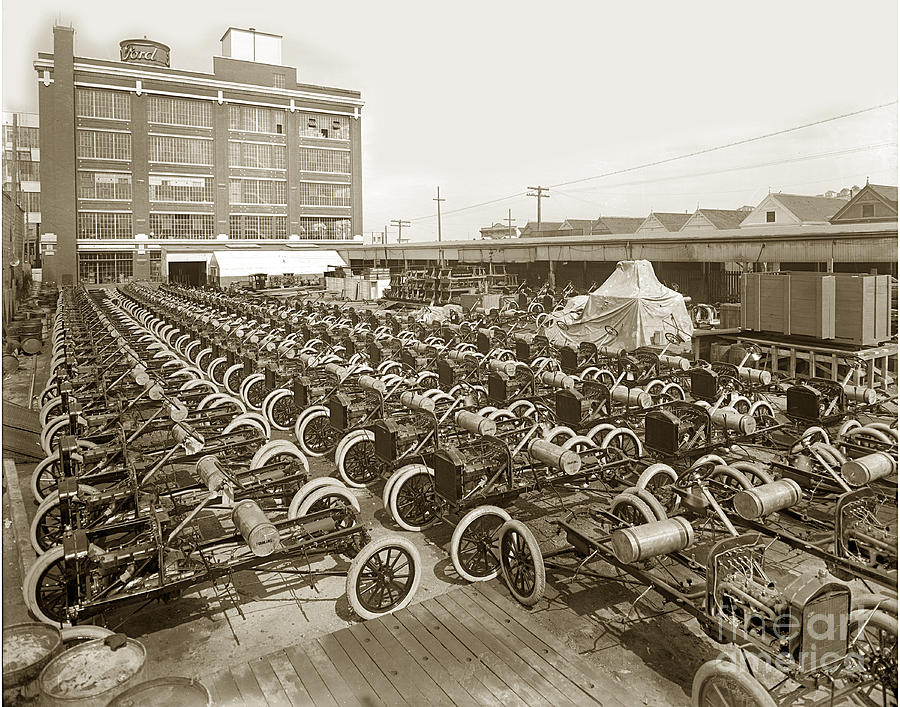 Auto Photograph - Early Ford Motor Company Assembly Plant model T completed chassis Circa 1915 by Monterey County Historical Society