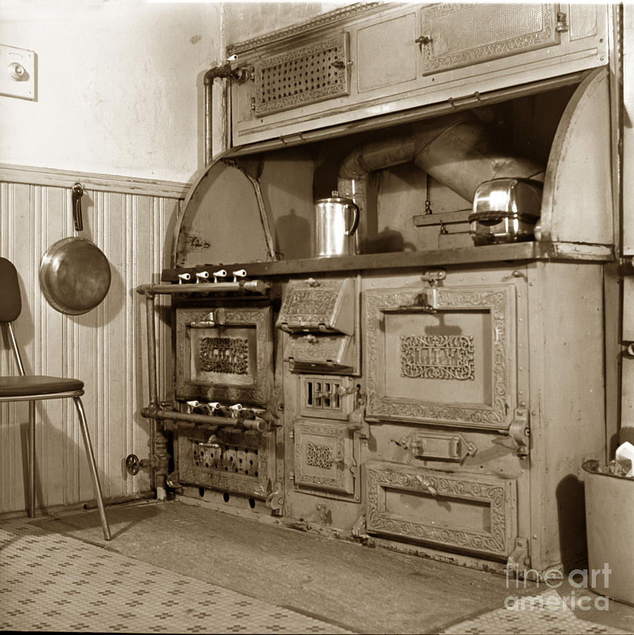 Pan Photograph - Early kitchen with a gas stove 1920 by Monterey County Historical Society
