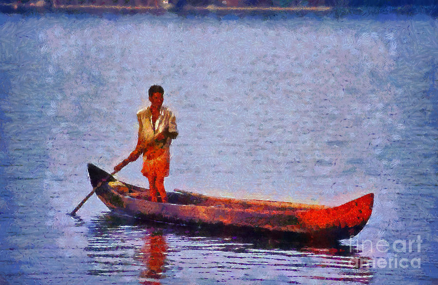 Early morning fishing in India Painting by George Atsametakis