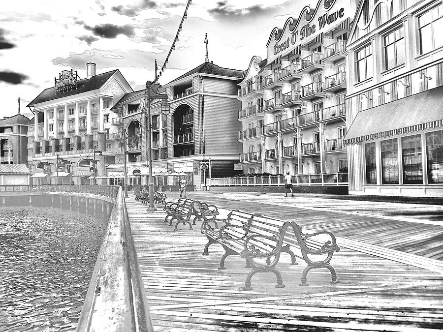 Early Morning On The Boardwalk Disney World BW Photograph by Thomas Woolworth