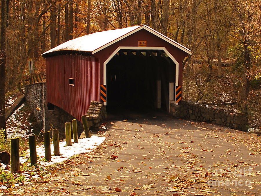 Early Snowfall On Wooden Covered Bridge Photograph by Bob Sample