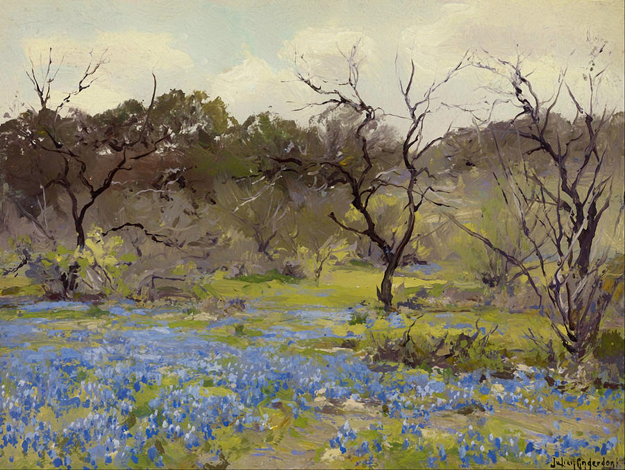 Vintage Painting - Early Spring - Bluebonnets and Mesquite by Mountain Dreams