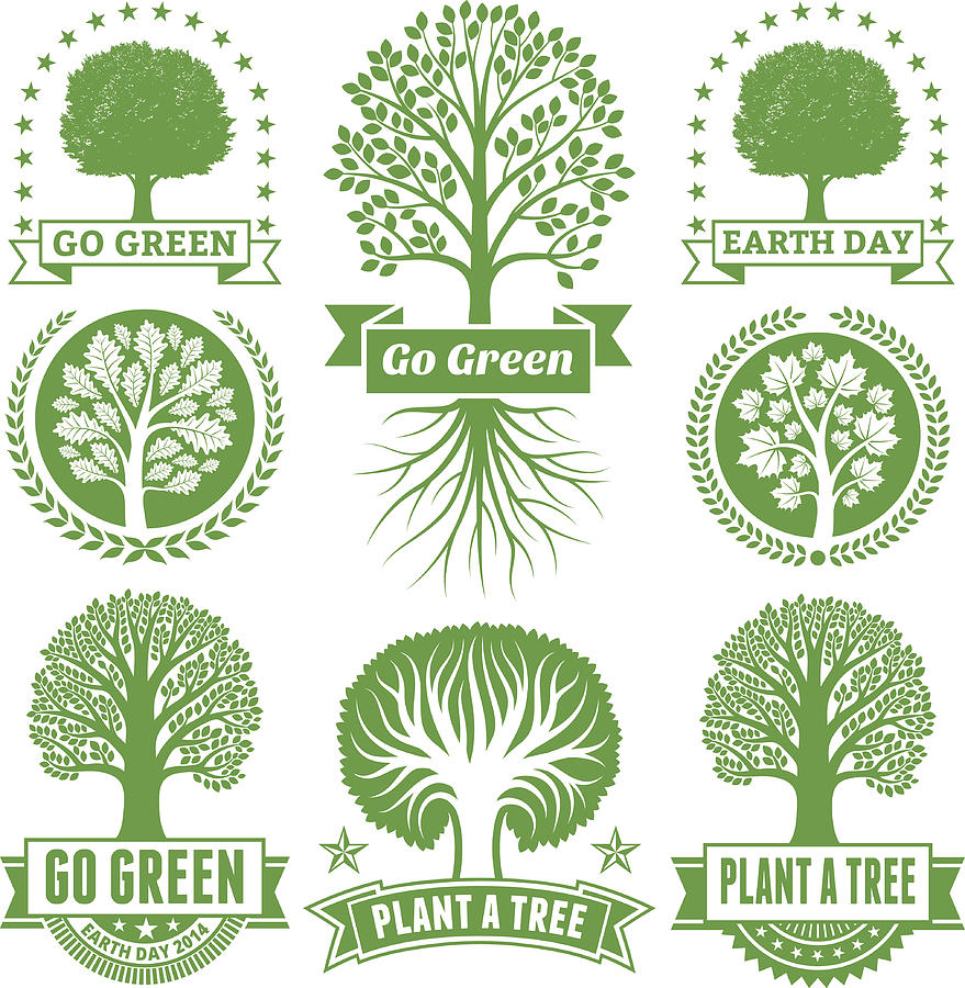 Earth Day royalty free vector Green Tree Banners & Badges Drawing by Bubaone