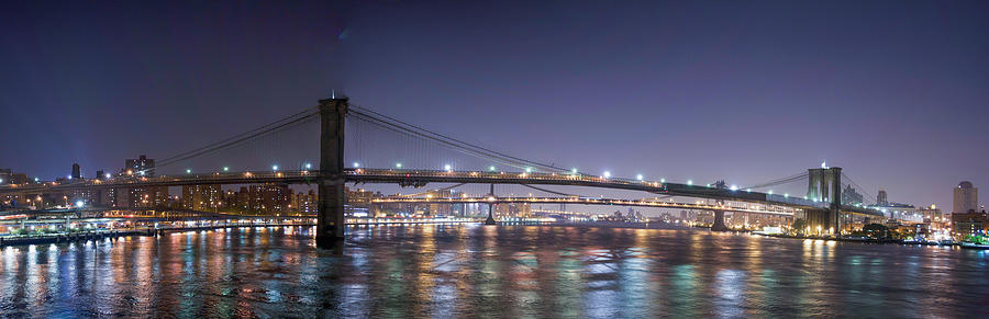 East River Crossings at Night Photograph by Theodore Jones